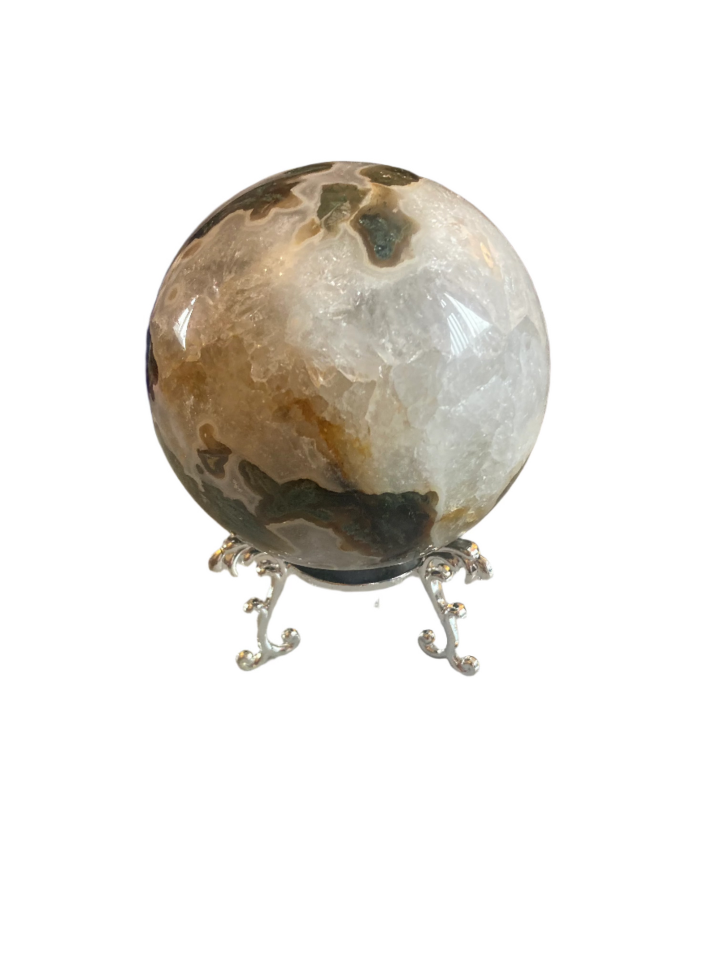 Moss agate sphere and stand