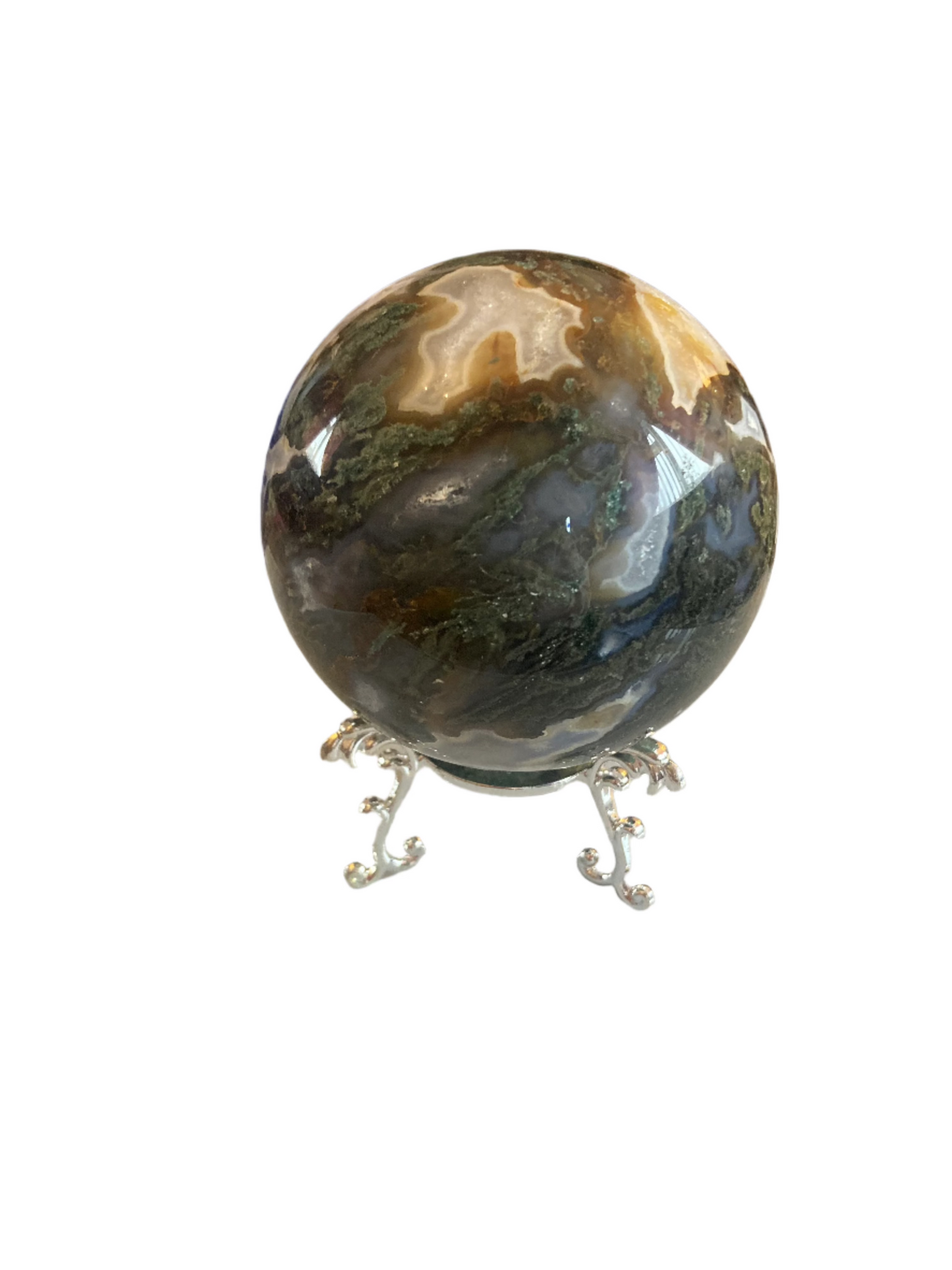 Moss agate sphere and stand