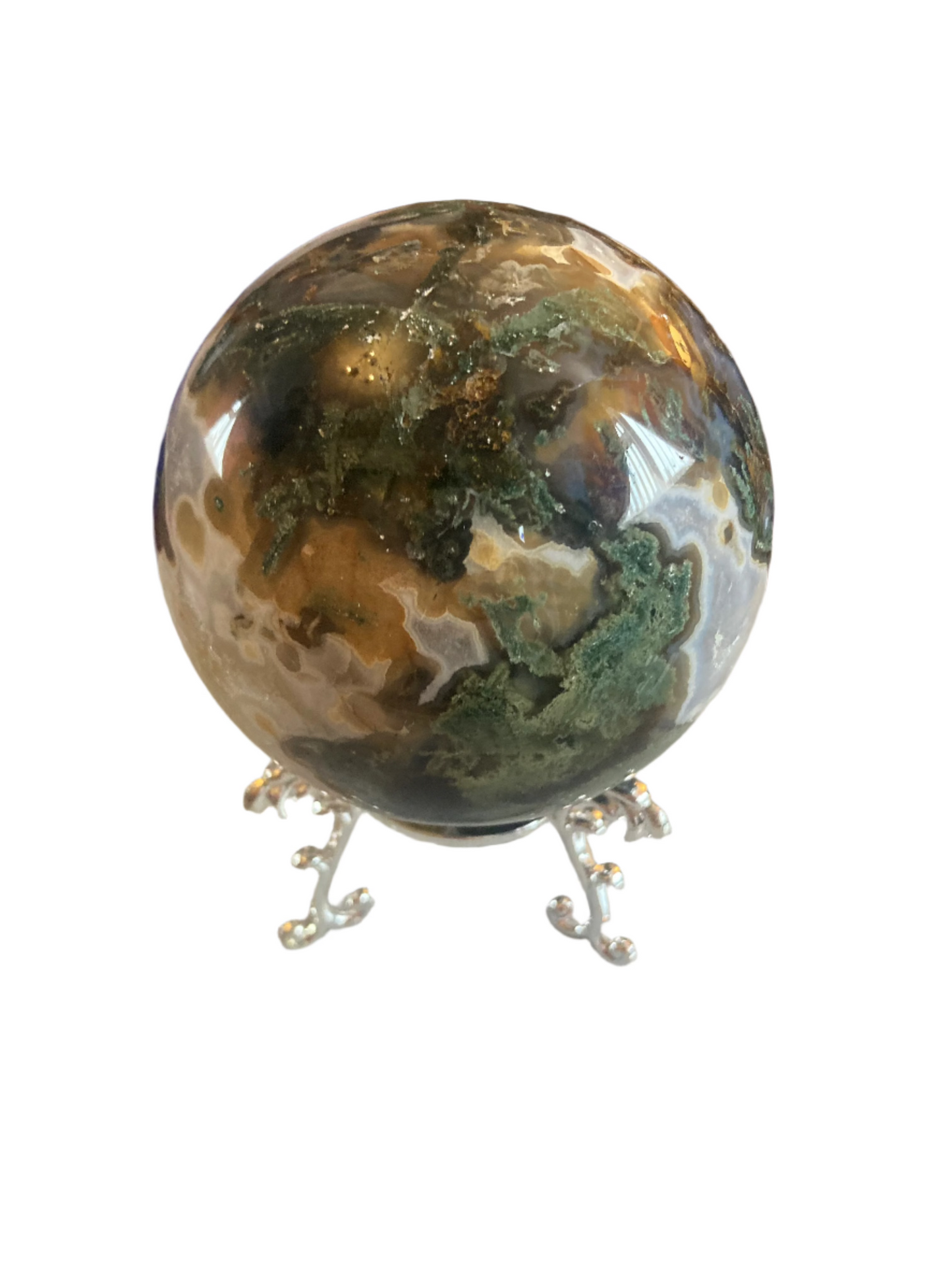 Moss agate sphere and stand