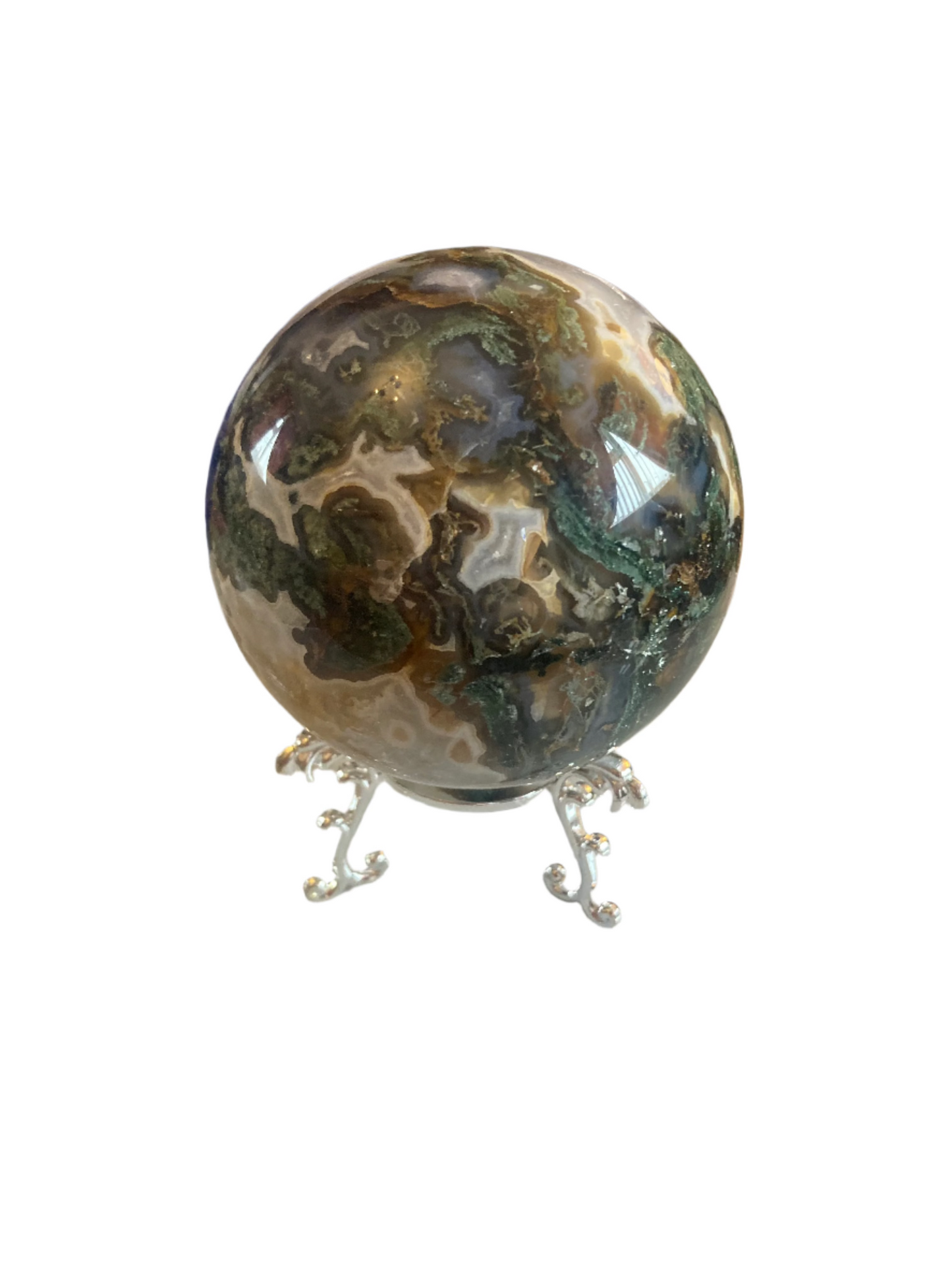 Moss agate sphere and stand