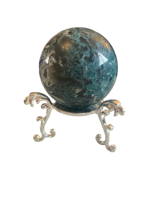 Moss agate sphere and stand