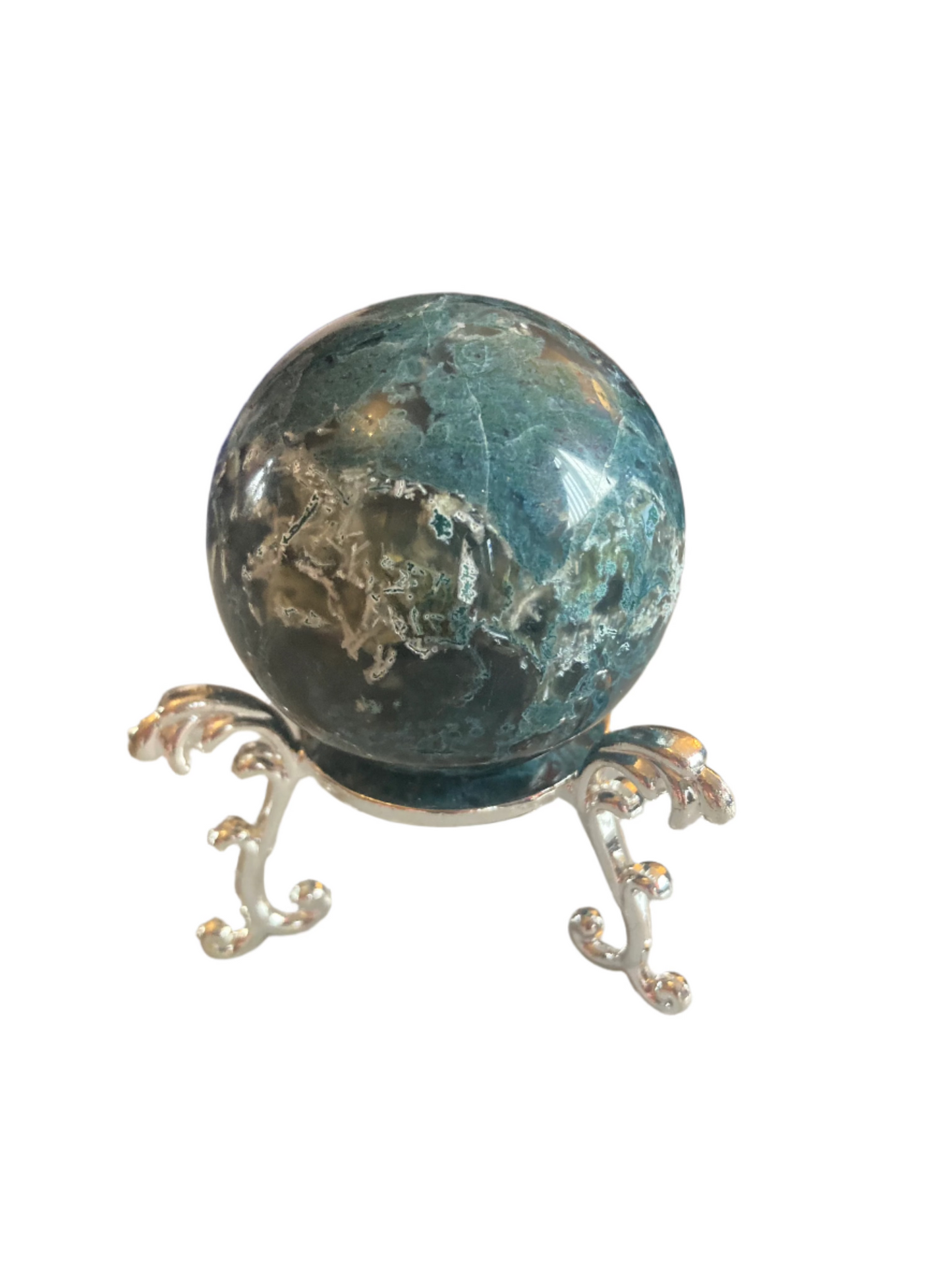 Moss agate sphere and stand