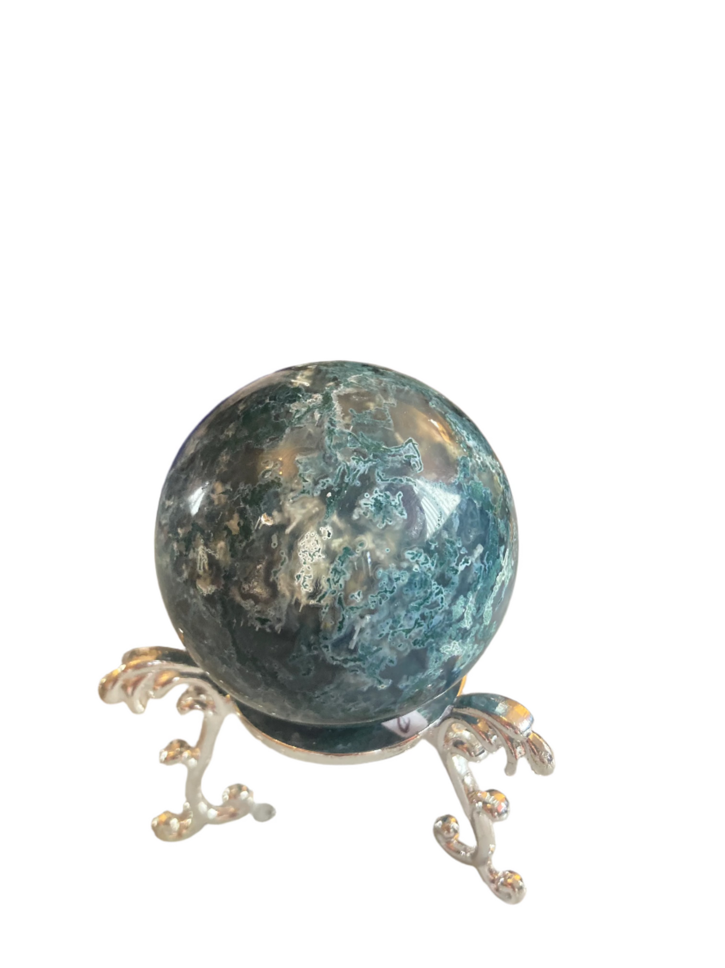 Moss agate sphere and stand