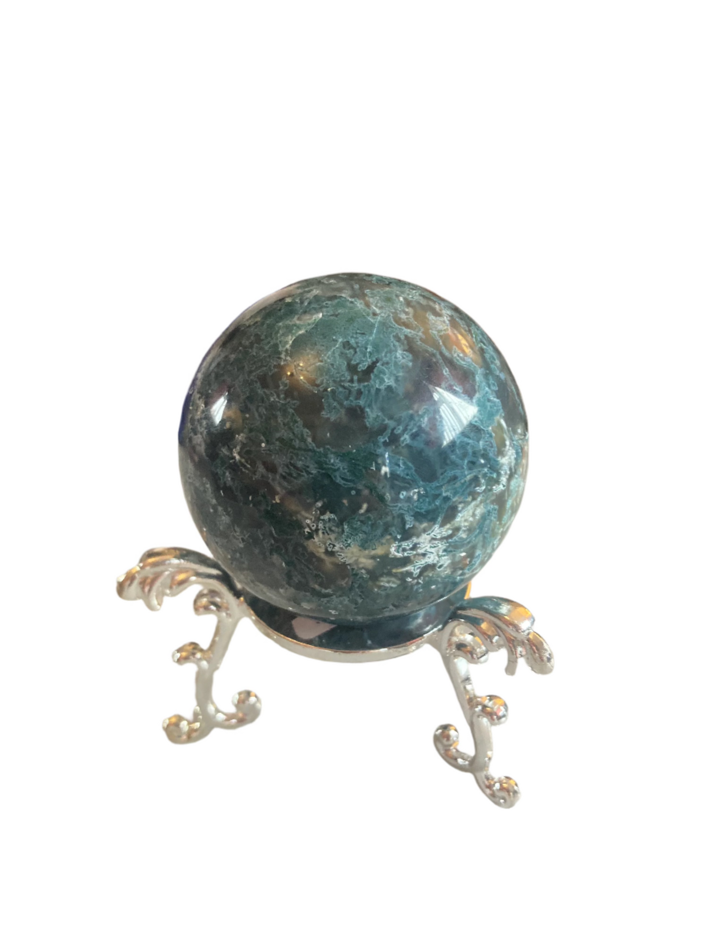 Moss agate sphere and stand