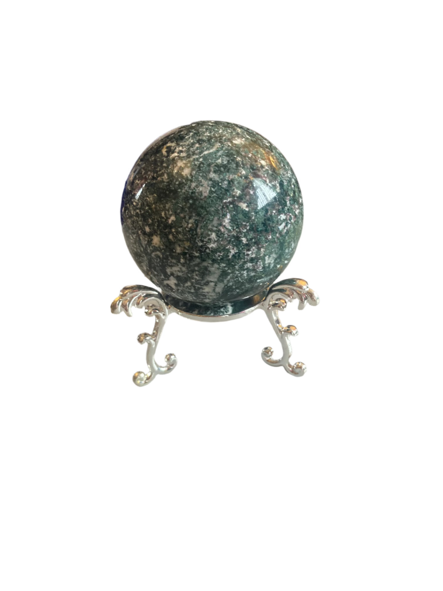 Moss agate sphere and stand