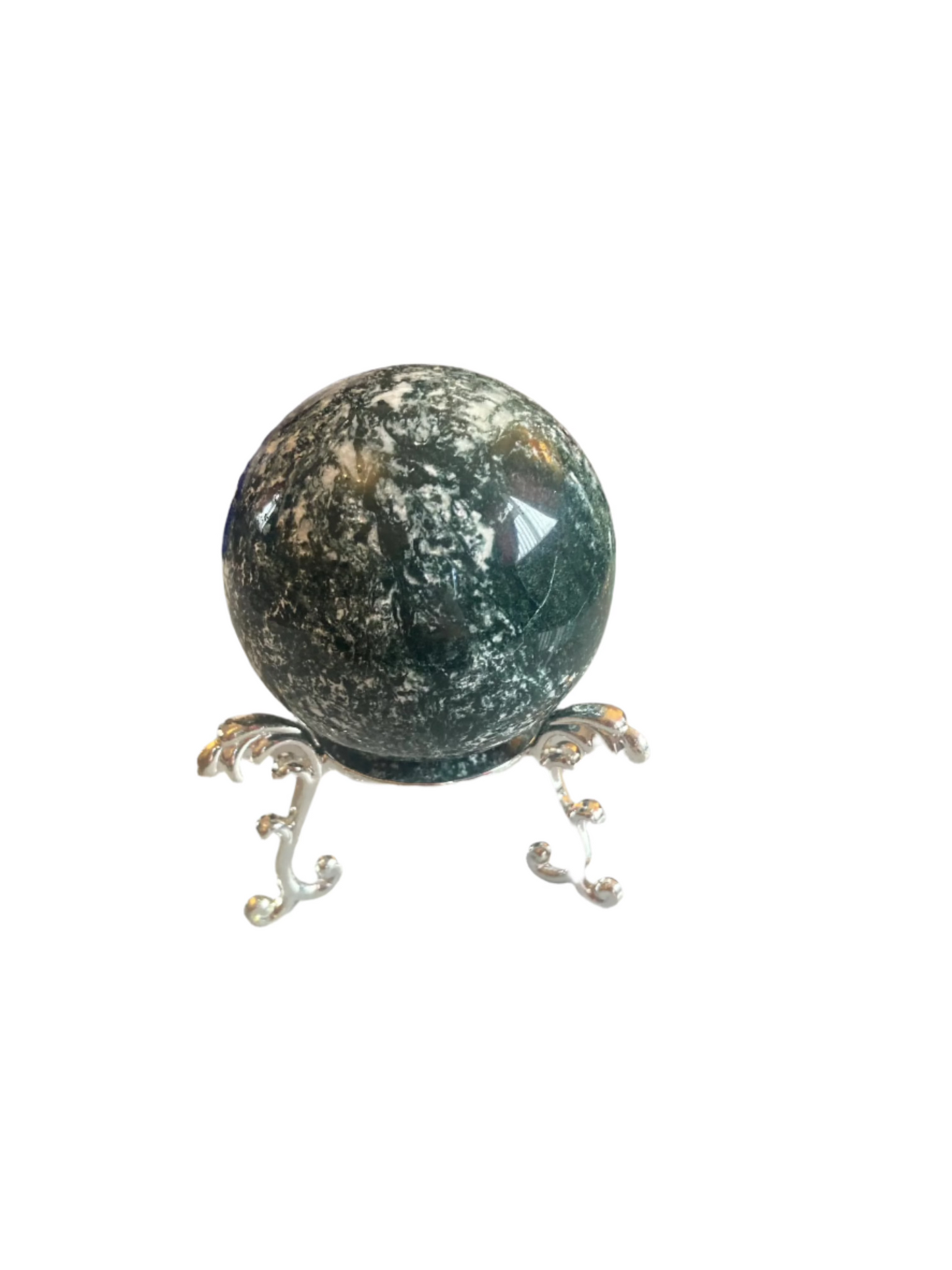 Moss agate sphere and stand