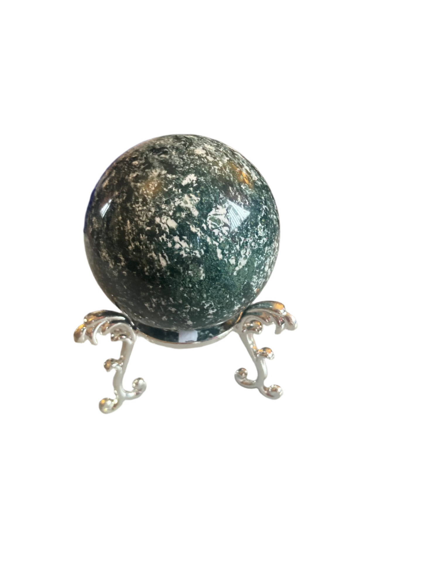 Moss agate sphere and stand