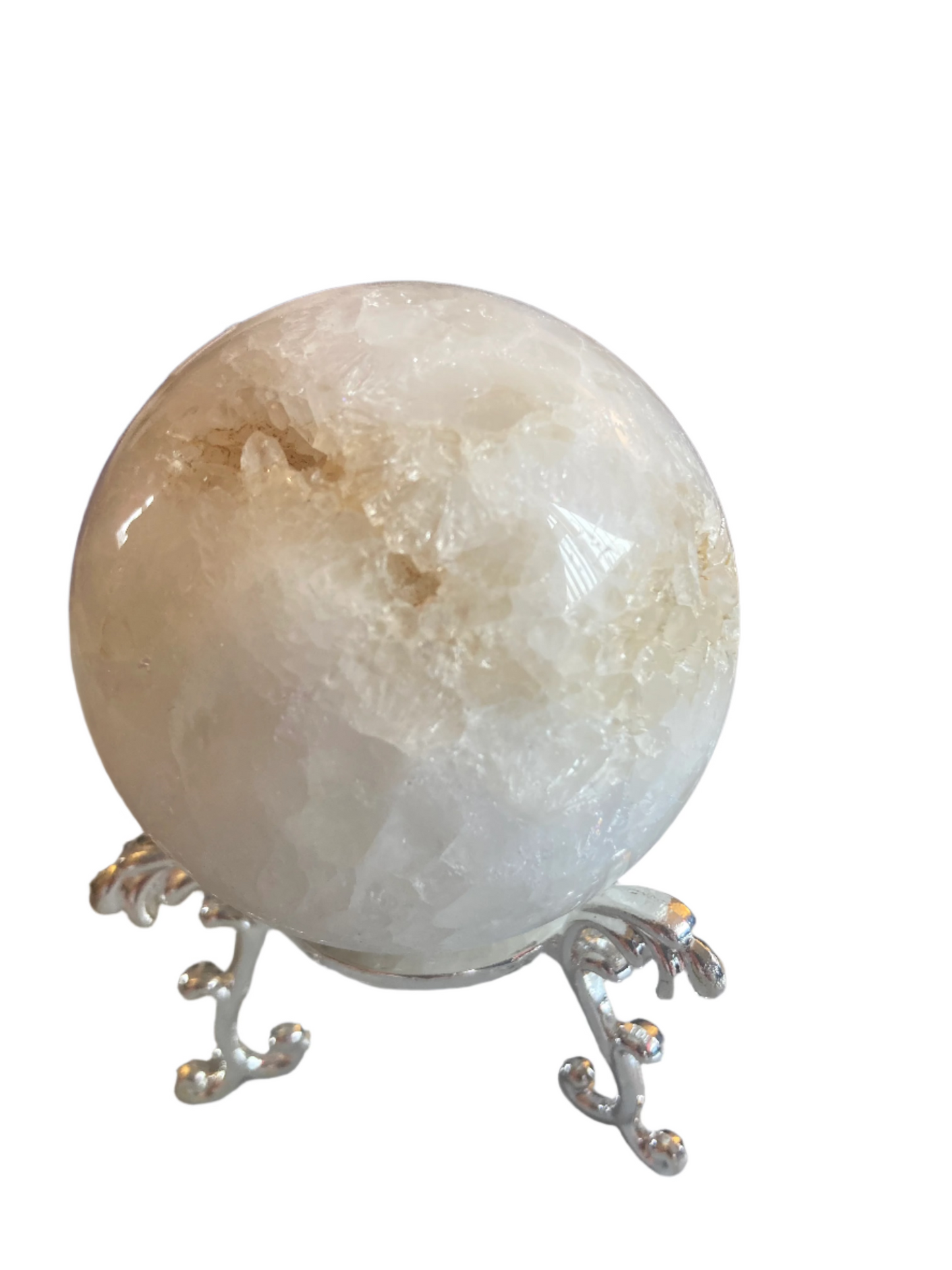 Moss agate sphere and stand