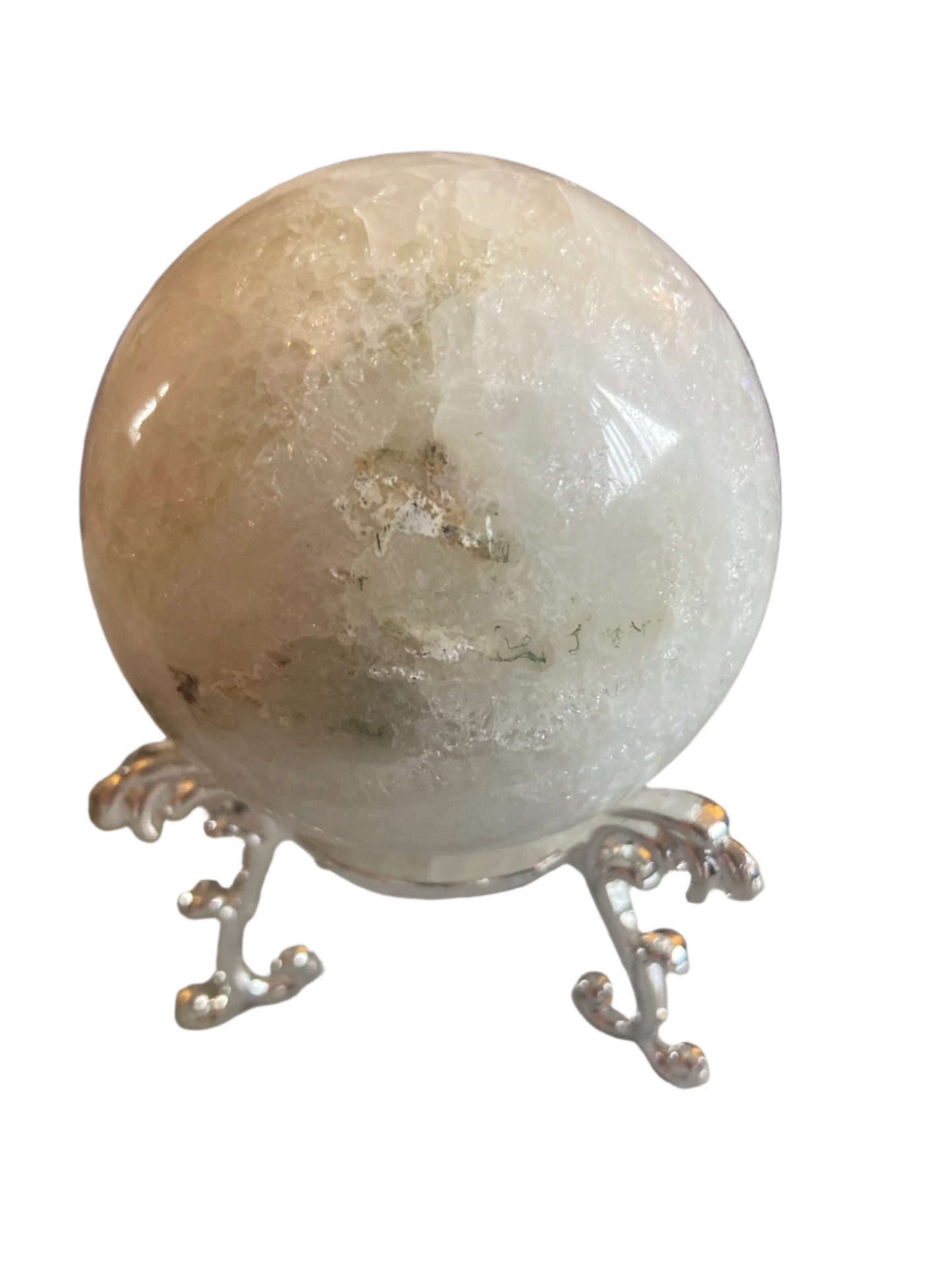 Moss agate sphere and stand