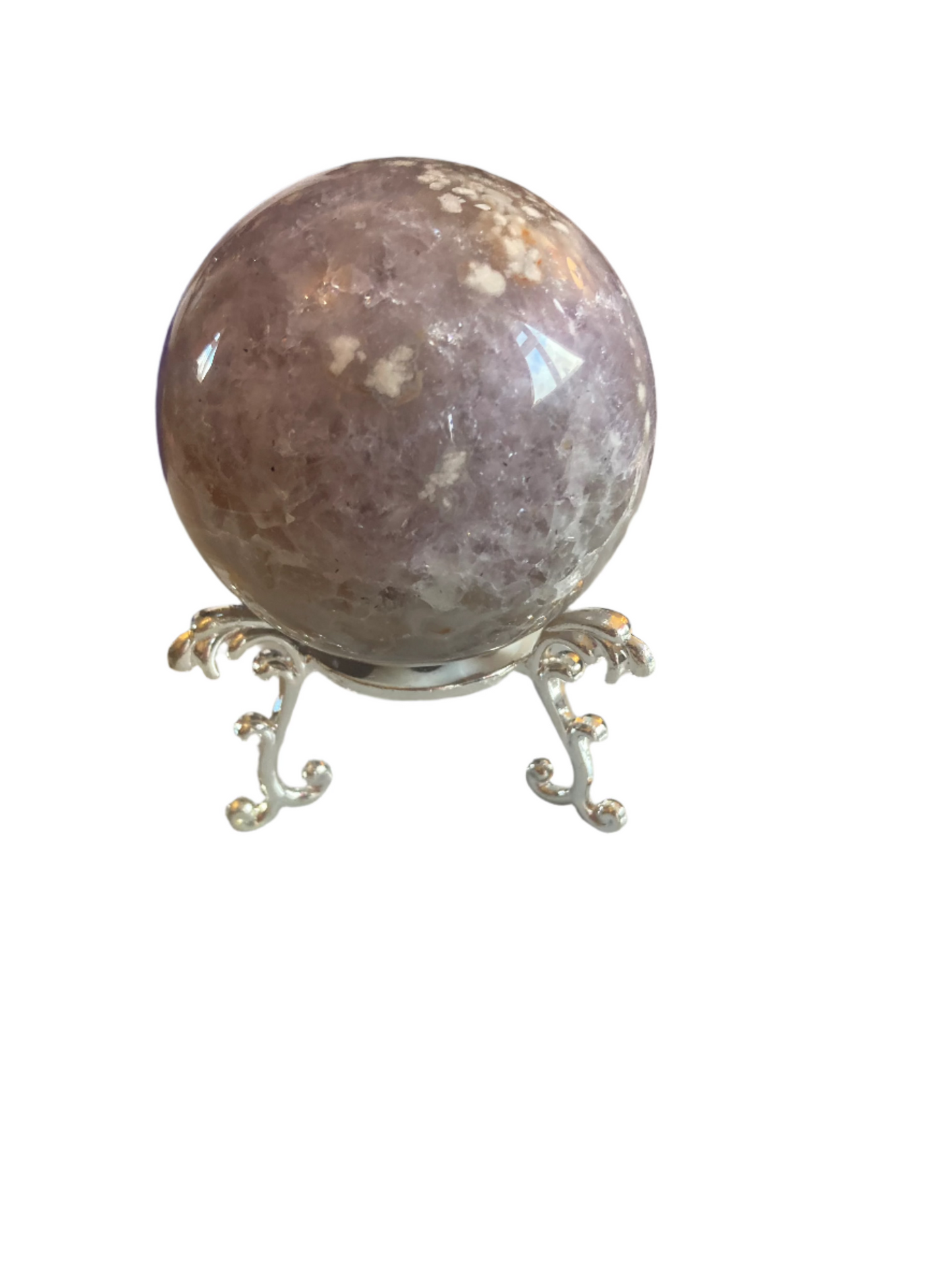 Flower agate sphere and stand