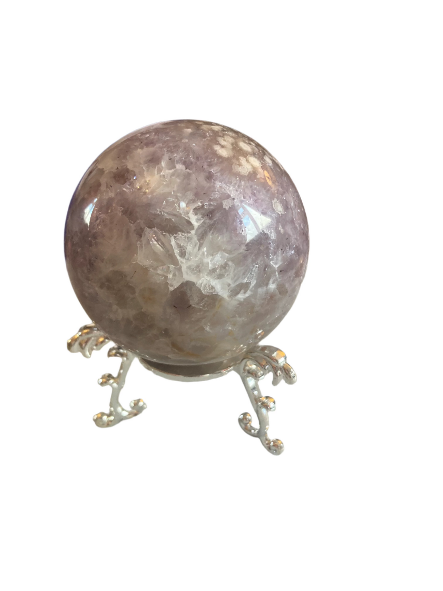 Flower agate sphere and stand