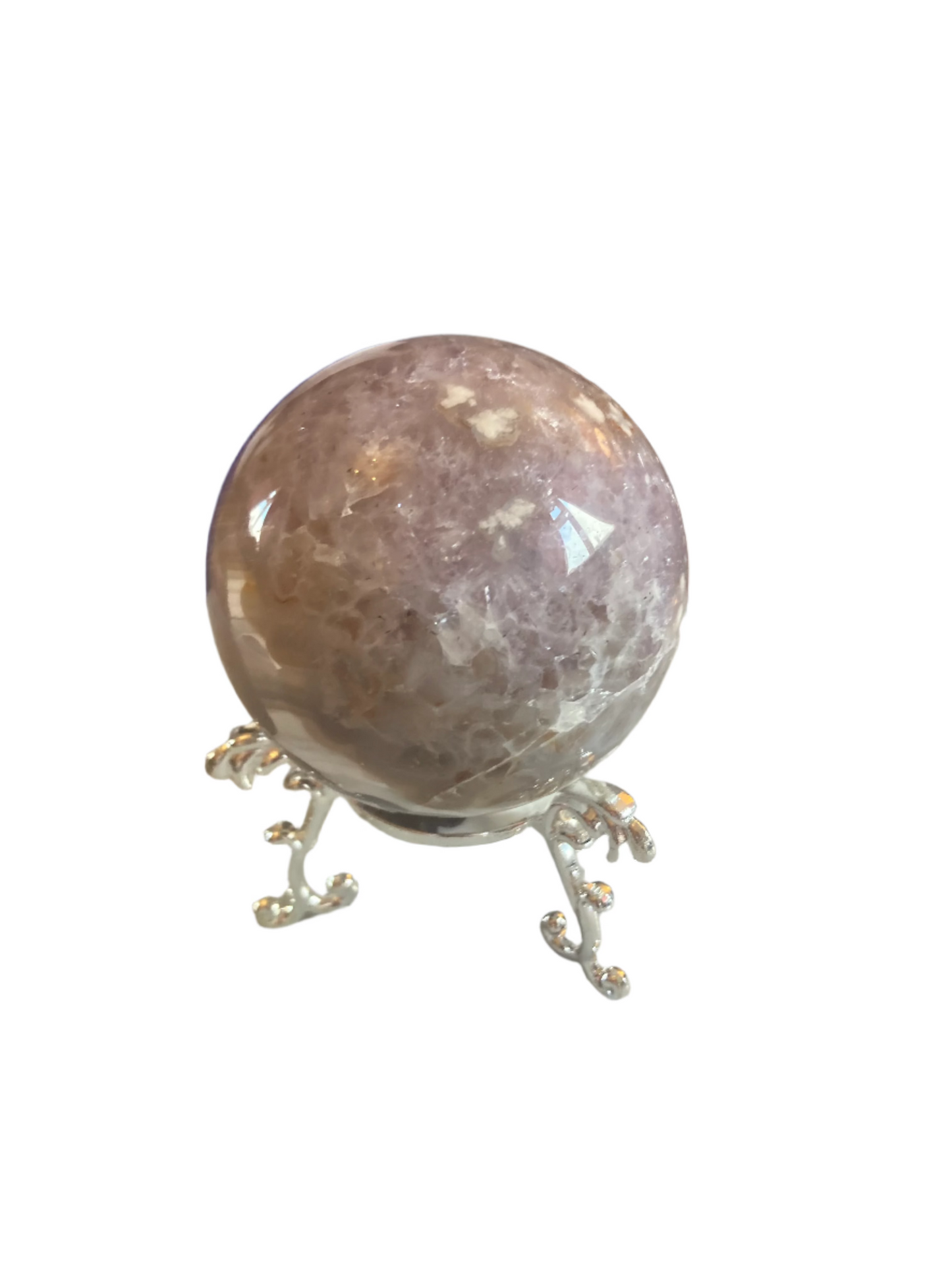 Flower agate sphere and stand