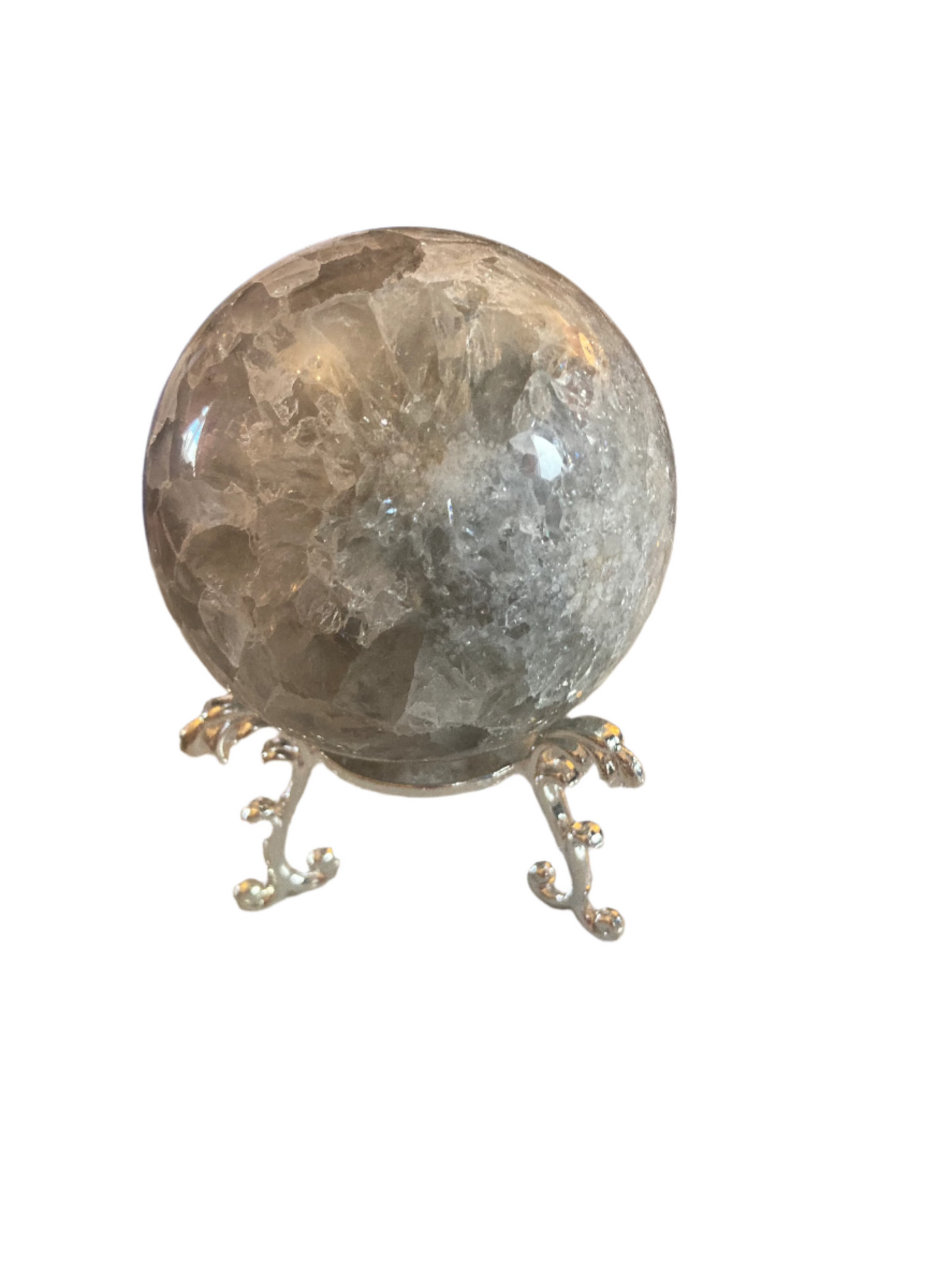 Flower agate sphere and stand