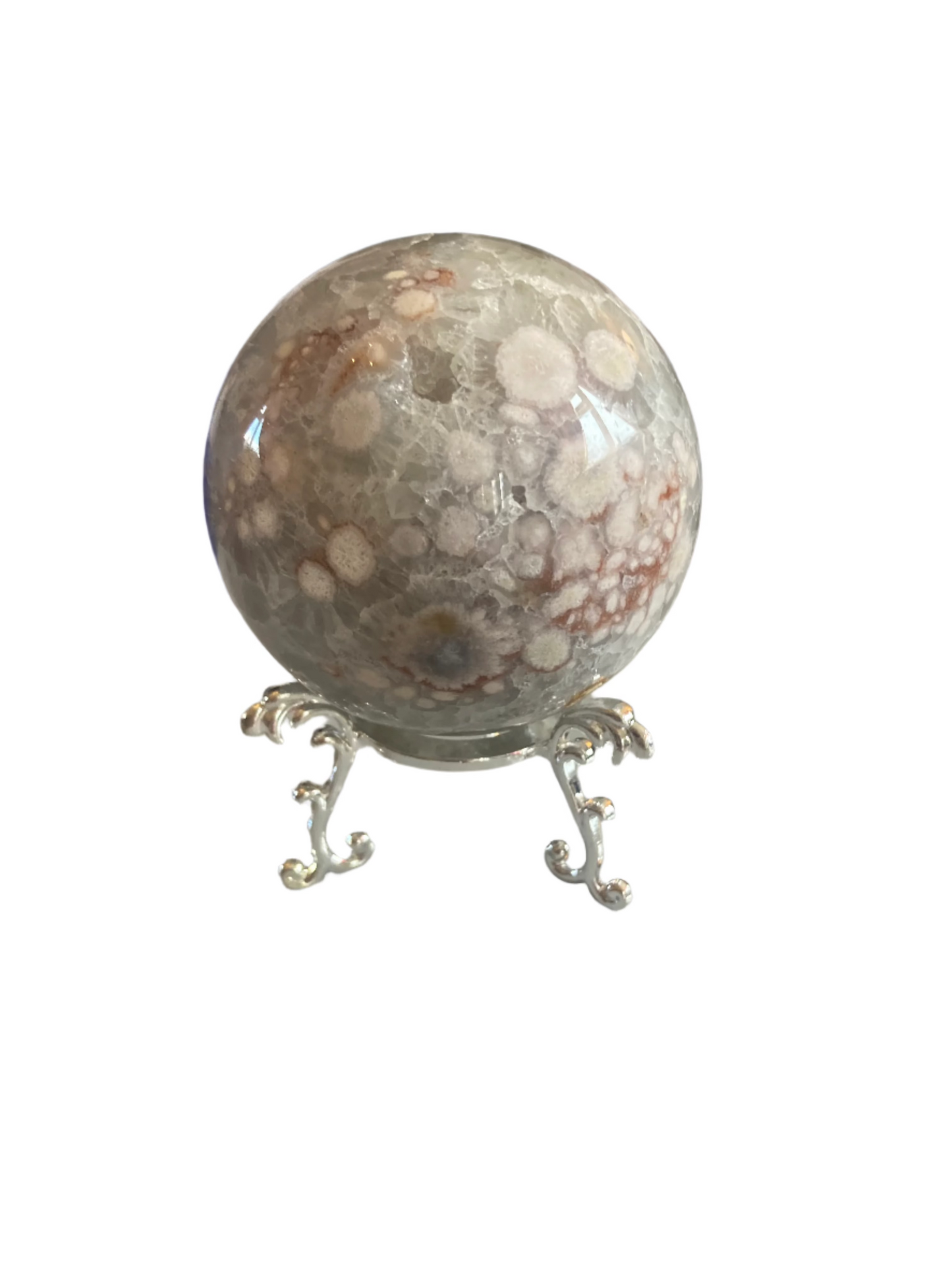 Flower agate sphere and stand