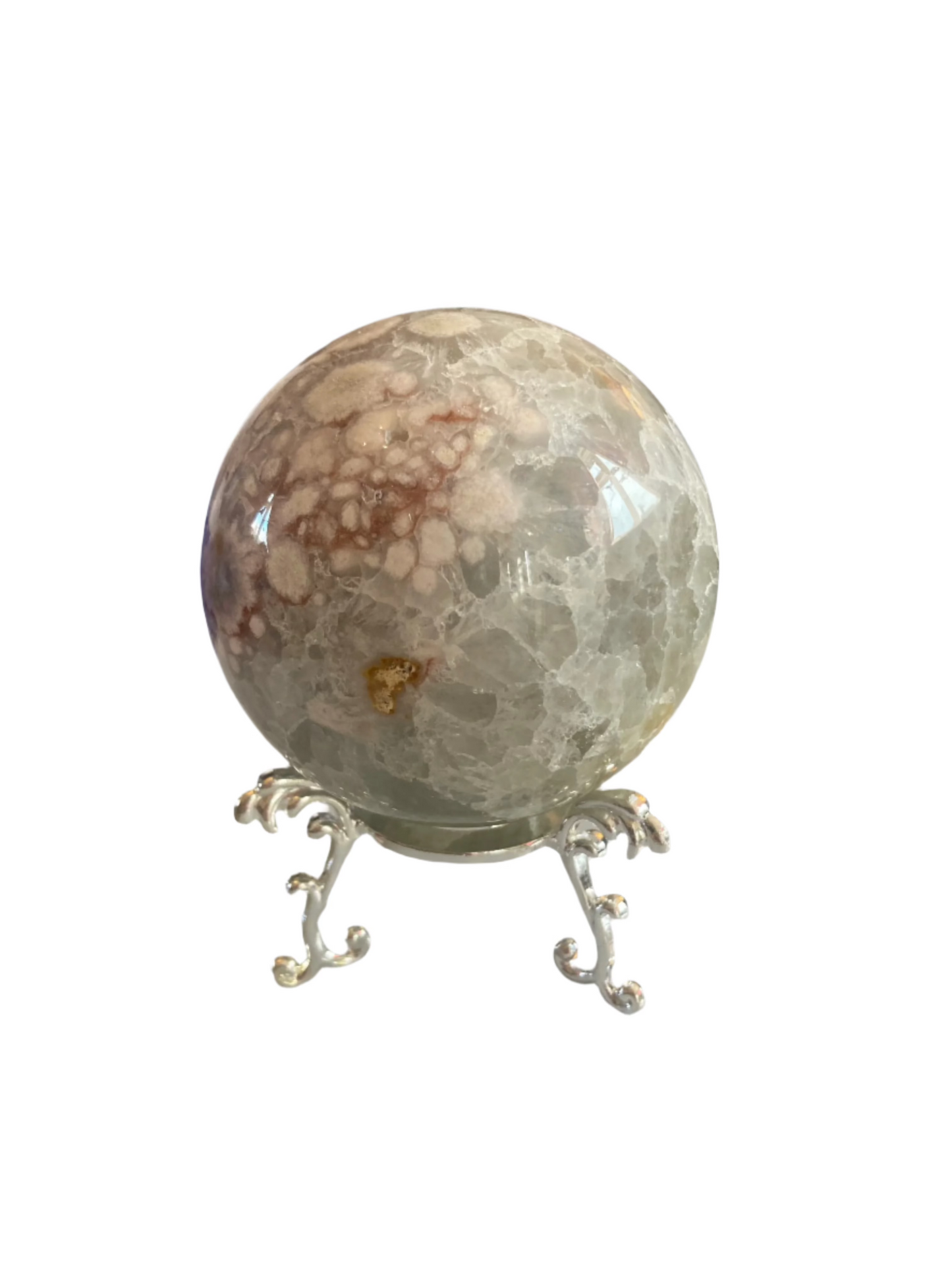 Flower agate sphere and stand